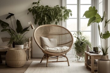 A balanced living room with a rattan armchair, lush indoor greenery, stylish decor, and personal accessories. Generative AI