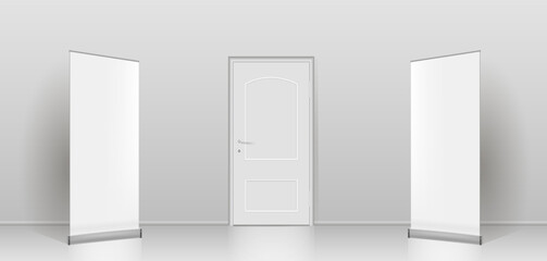 The interior of an empty room with a white wall and a closed door.
Free space for copying a 3d image.