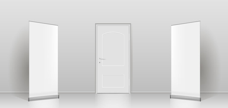 The interior of an empty room with a white wall and a closed door.
Free space for copying a 3d image.