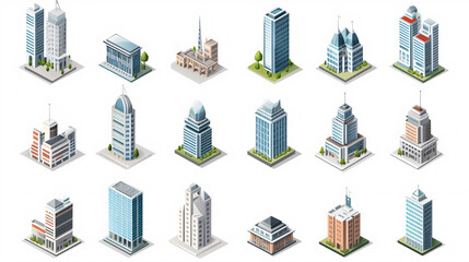 An isometric collection of skyscraper buildings, featuring business offices and commercial towers, stands isolated on a white background