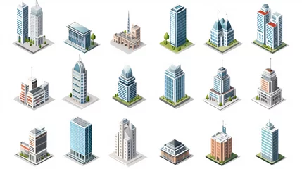 Foto op Plexiglas An isometric collection of skyscraper buildings, featuring business offices and commercial towers, stands isolated on a white background © ckybe
