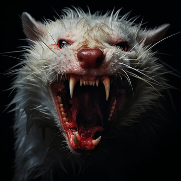 Scary head of an evil rat with a bared mouth with large fangs, stained with blood, a predatory beast, on a black close-up, Halloween background