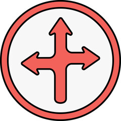 Three Direction Arrow Round Icon In Red Color.