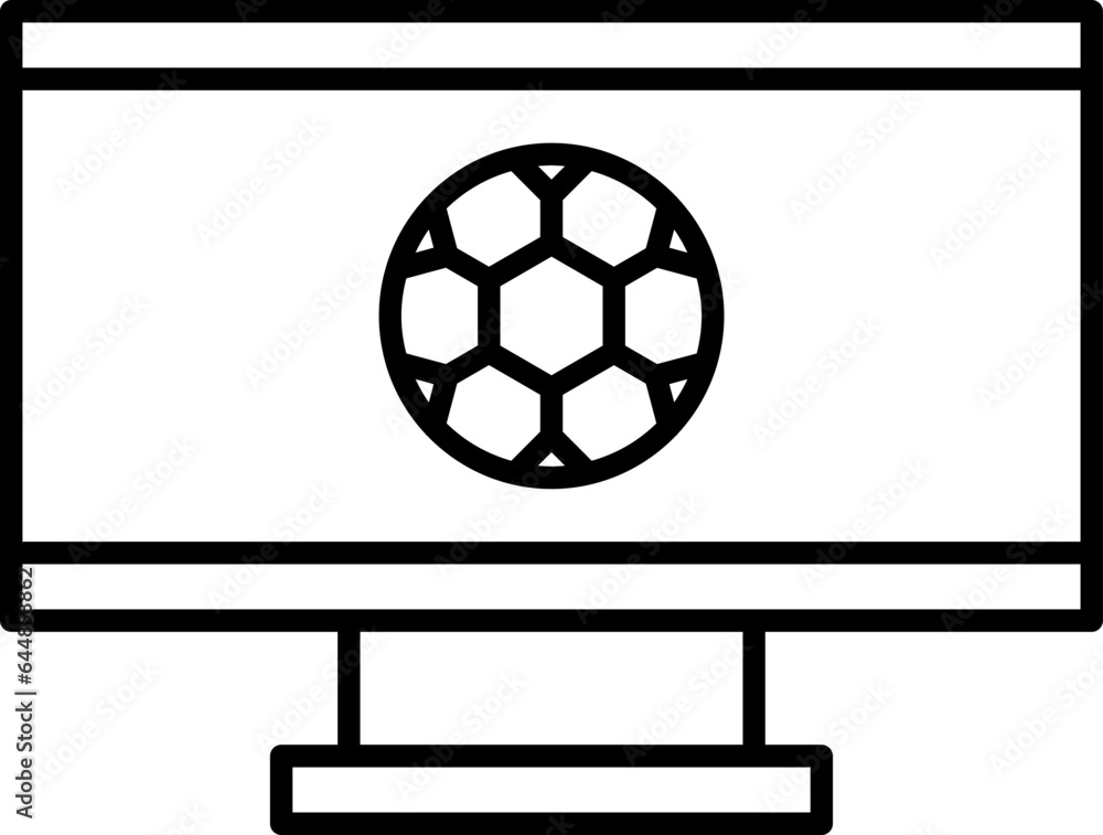 Sticker soccer symbol in monitor screen line art icon.