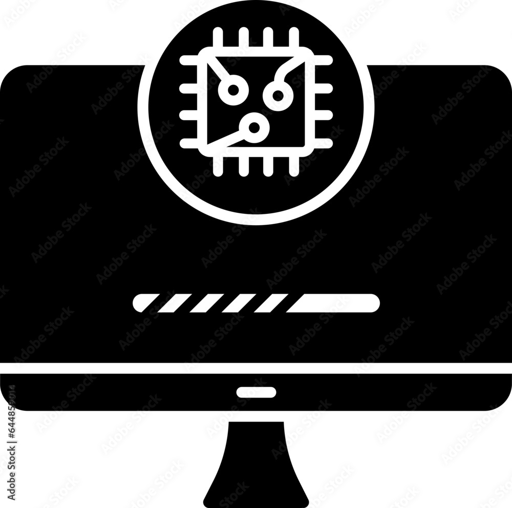Poster b&w color microchip in monitor icon.