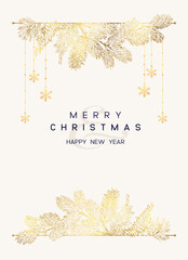 Christmas Poster with golden pine branches on white background. New year illustration. - 644859015