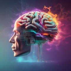 Brain showing Intelligent thinking processing through the concept of a neural network printed circuit of big data and artificial intelligence