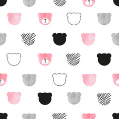 Seamless cute bears pattern. Vector illustration with watercolor bear heads. Childish print	 - 644859448