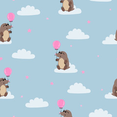 Seamless pattern with cute mole and balloon. Vector cartoon moles illustration	