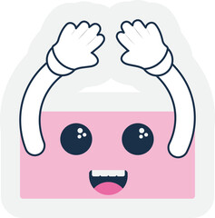 Sticker Style Laughing Pink Rectangle Cartoon With Hand Up Over Grey Background.