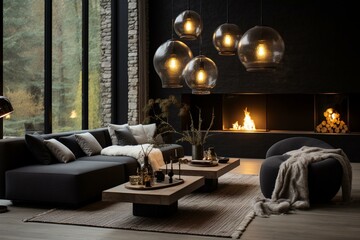 Cozy living room with hanging lights, burning fireplaces, and black sofa. Generative AI
