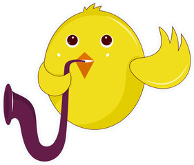 Flat Illustration Of Funny Yellow Bird Blowing Saxophone Element.
