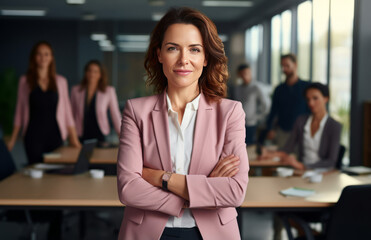 Mature woman in her 40's having a meeting with her team