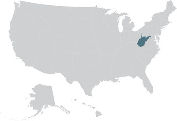 Blue Map of US federal state of West Virginia within gray map of United States of America