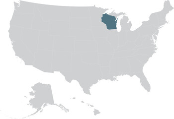 Blue Map of US federal state of Wisconsin within gray map of United States of America