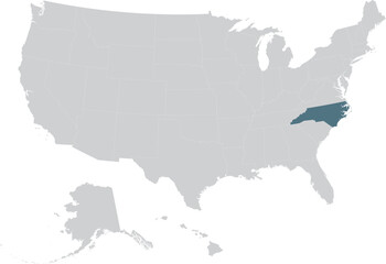Blue Map of US federal state of North Carolina within gray map of United States of America