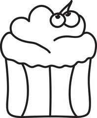 Cherry Cup Cake Icon In Black Line Art.