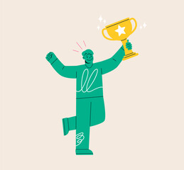 Man raise a winning trophy. Colorful vector illustration