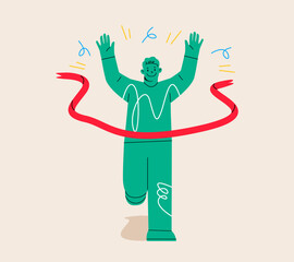 Man run cross the finish line.  Success concept. Colorful vector illustration