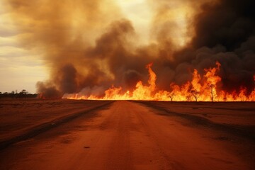 Fire in the Australian desert, road. Generative AI