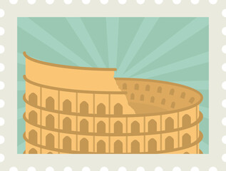 Orange Colosseum Against Green Rays Background For Stamp Or Label Design.