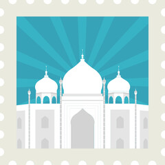 Grey Taj Mahal Against Blue Rays Background For Stamp Or Ticket, Sticker Design.