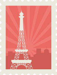 Fototapeta na wymiar Grey Eiffel Tower Against Red Cityscape Building With Rays Background For Stamp, Sticker Or Ticket Design.