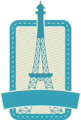 Blank Ribbon With Eiffel Tower Against Square Background In Teal And Beige Color.