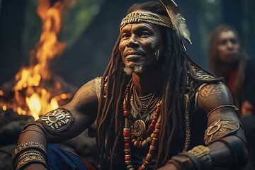 Portrait of the leader of an African tribe sitting by the fire.