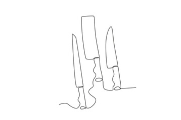 Three sets of knives. Cooking and kitchen tools one-line drawing