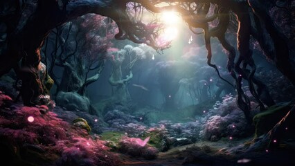 A surreal sun envelops a magical forest with its soft radiance, where glowing trees create an enchanting ambiance amidst exotic plants, and butterflies dance