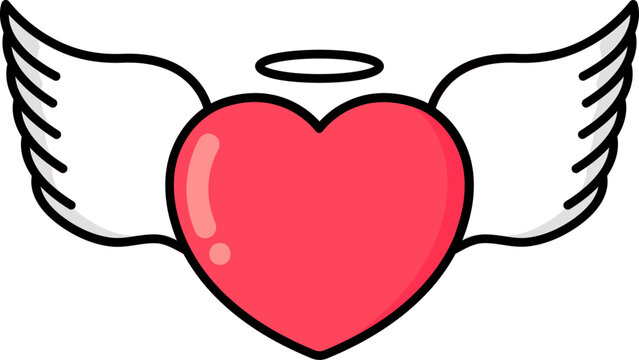 Isolated Flying Heart With Wings Flat Icon In Red And White Color.