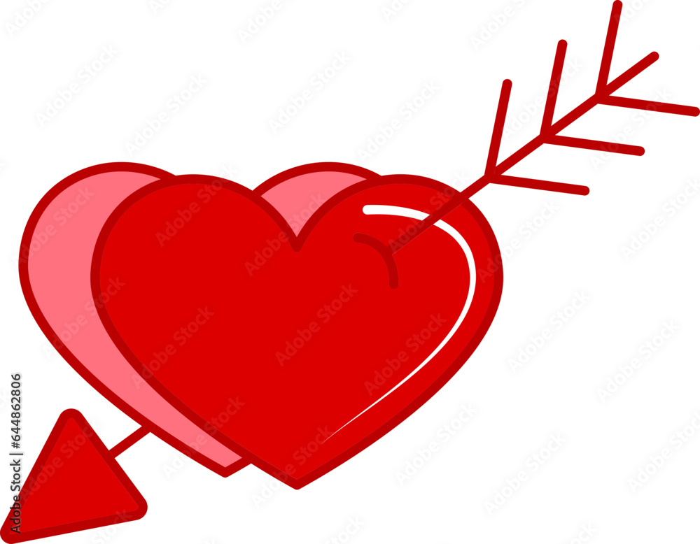 Poster flat two heart with arrow icon in red color.
