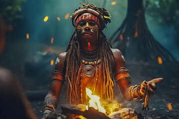 Fototapeta premium Portrait of the leader of an African tribe sitting by the fire.