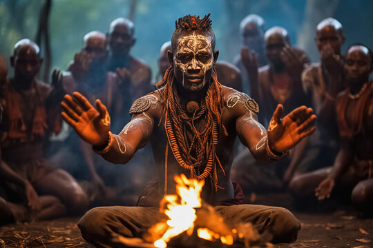 Portrait of the leader of an African tribe sitting by the fire.