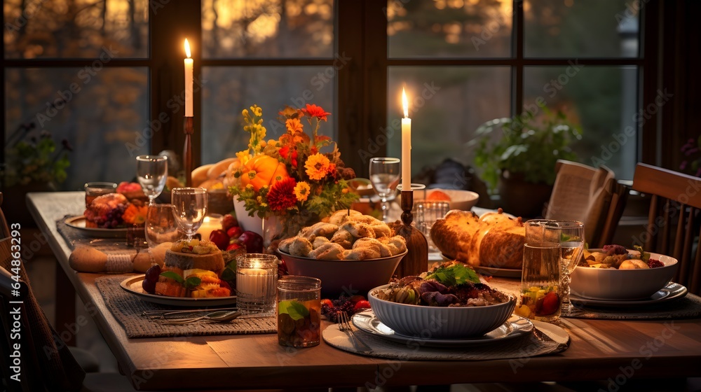 Wall mural A Feast for the Senses: Captivating and Realistic Photograph of a Grand Thanksgiving Table – Where Tradition Meets Culinary Artistry