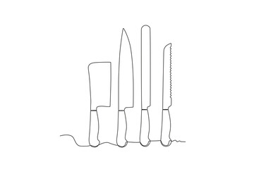 Four kinds of knives for cutting. Cooking and kitchen tools one-line drawing