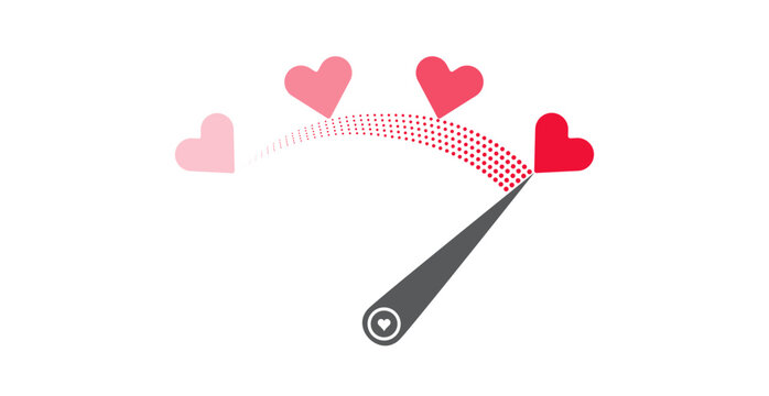 Love level measurement vector illustration with indicator, red hearts. Romantic red love scale with red heart and indicator to use for valentines day, passion, wedding design projects. 