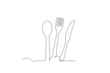 A spoon, fork, and knife. Cooking and kitchen tools one-line drawing