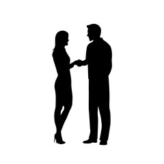 Silhouettes of young man and woman in full height shake hands. Vector illustration.
