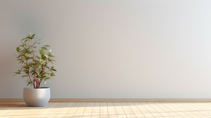 Fototapeta na wymiar Light Gray Wall and Wooden Floor Setup: Ideal Product Display with a Potted Plant Accent and Ample Copy Space for Advertisement