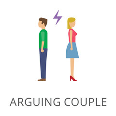 Arguing wife and husband flat vector icon. Cartoon drawing or illustration of man and woman standing back to back on white background. Relationship, family, divorce, argument concept