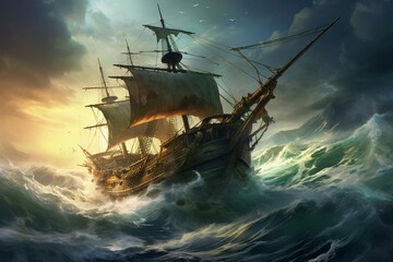 A weather-beaten pirate vessel battles fierce waves on the open sea. Generative AI - obrazy, fototapety, plakaty