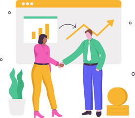 Cartoon Businessman And Woman Handshaking Each Other With Growth Chart Presentation On White Background.