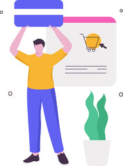 Online Shopping And Payment Concept With Faceless Man Standing And Plant Pot On White Background.
