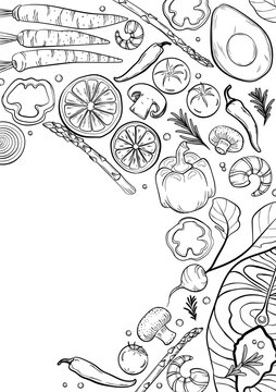 Healthy food background. Hand-drawn vector illustration. Drawing in black and white isolated background.