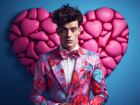 Fashionable Man with Vibrant Suit and 3D Heart Background: Ideal for Valentine's Day and Love-themed Marketing, Valentine's Day, Romance, and Love Card