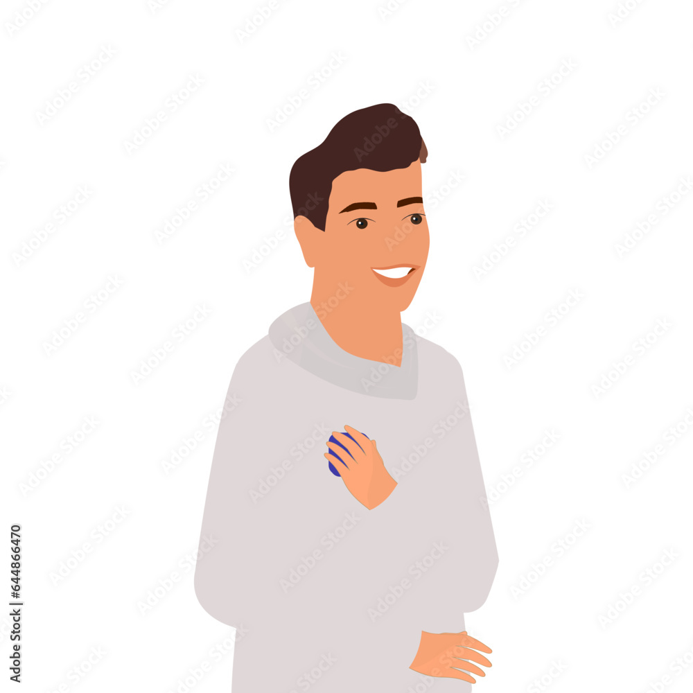 Poster smiling young man hand touch his chest over white background.