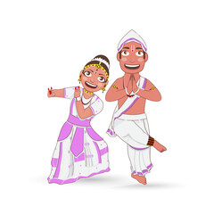 Young Couple Performing Sattriya Classical Dance Of Assam In Traditional Attire.