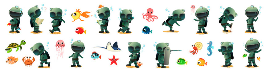 Underwater scuba diver at bottom of reservoir. set of characters and situations. Funny cartoon style. object isolated on white background. Vector